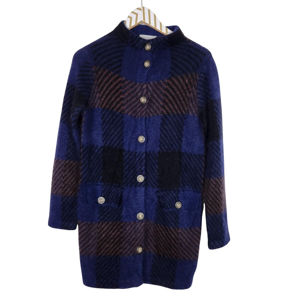 WALLACE Cardigan Sweater‎ Womens XS Blue Plaid Rabbit Hair Mock Neck Pockets